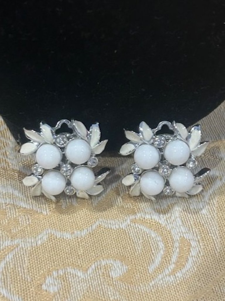 Charel White Enamel Lucite Ball Rhinestone Earring
